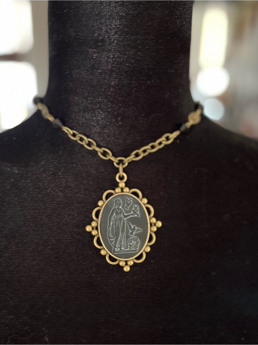 Vintage 1940s Black Glass Goddess Cameo Necklace with Brass Czech Chain - Picture 2 of 16